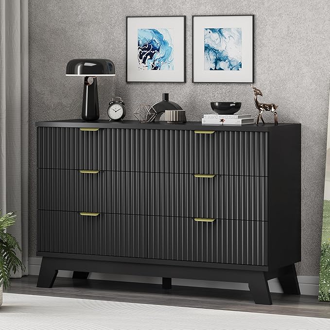 Fluted Dresser for Bedroom with 6 Drawers, 48" Wide Wooden Chest of Drawers with Metal Handle, Modern Dresser TV Stand, Wood Closet Clothes Storage Organizer for Living Room, Hallway, Black