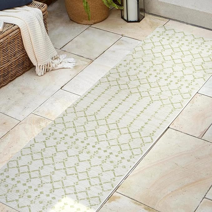 JONATHAN Y SMB108M-28 Ourika Moroccan Geometric Textured Weave Indoor Outdoor Runner Rug, Coastal, Traditional, Transitional Easy-Clean,Bedroom,Kitchen,Backyard,Patio,Non Shedding, Cream/Green, 2 X 8