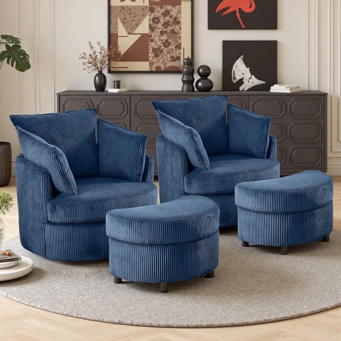 Swivel Accent Chair with Ottoman Comfy Reading Chairs for Bedroom Modern Corduroy Arm Chair 360°Swivel Barrel Chairs for Living Room,Apartment (Blue, 2)