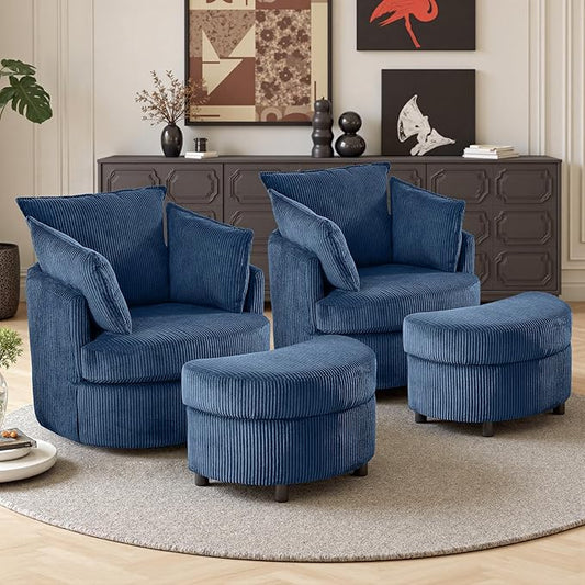 Swivel Accent Chair with Ottoman Comfy Reading Chairs for Bedroom Modern Corduroy Arm Chair 360°Swivel Barrel Chairs for Living Room,Apartment (Blue, 2)