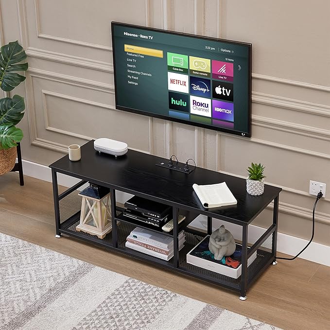 VECELO TV Stand with Power Outlets for Televisions up to 55 Inch, 47" Media Entertainment Center with Charging Station 3-Tier Open Storage Shelves with Metal Frame for Living Room/Bedroom，Black