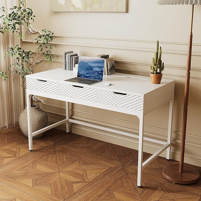 TEKAMON 47" Makeup Vanity Desk with Mirror，Girls Vanity Dressing Table for Bedroom, Wood Home Office Desk with 2 Drawers, Writing Study Desk with Cable Management, White