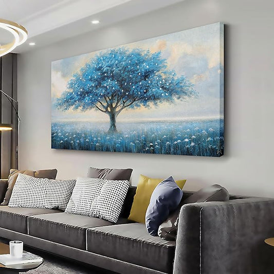 Glvzygy Blue Tree of Life Wall Art Abstract Modern Artwork Canvas Painting Textured Tree Pictures Wall Decor Home Decor Wall Ready to Hang for Bedroom Living Room Size 24"x48"