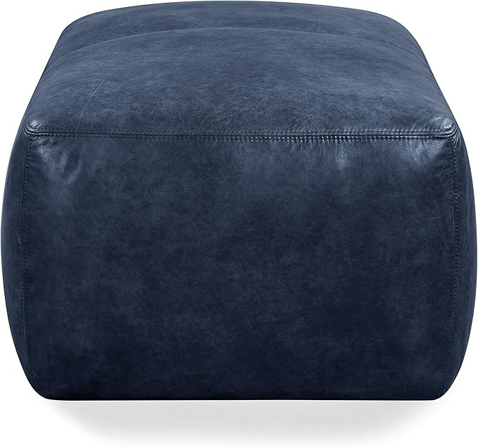POLY & BARK Denver Rectangle Leather Ottoman in Full-Grain Semi-Aniline Italian Tanned Leather in Midnight Blue