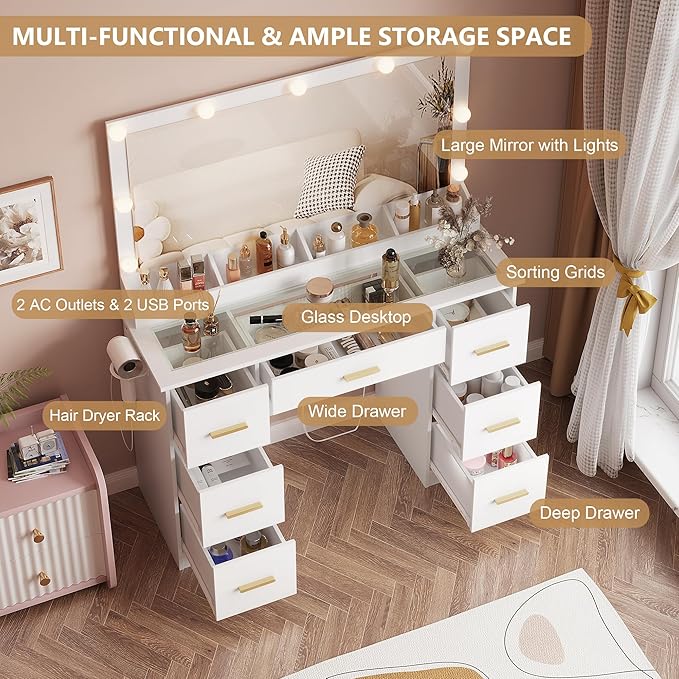 Vanity Desk with 38" Large Mirror and 9 LED Lights, Adults Makeup Vanity with 7 Storage Drawers and Glass Top & Power Outlet and RGB Ambient Lights, Dressing Table for Bedroom, Modern White