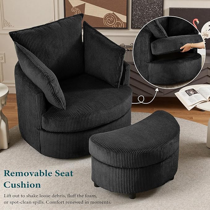Swivel Accent Chair with Ottoman Comfy Reading Chairs for Bedroom Modern Corduroy Arm Chair 360°Swivel Barrel Chairs for Living Room,Apartment (Black, 1)