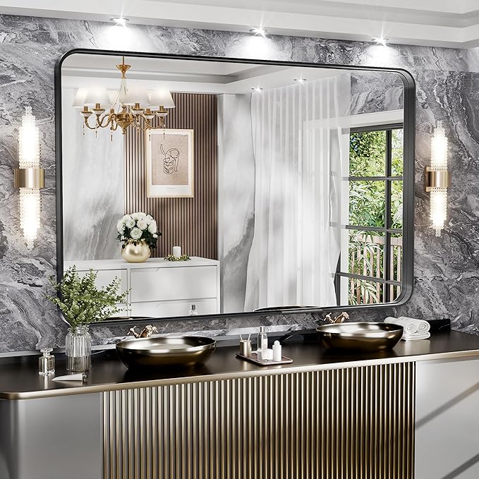 Hasipu Black Bathroom Mirror 59x39 Inch Rounded Rectangle Vanity Mirror Metal Framed Wall Mirrors Anti-Rust Surface Mount (Horizontal/Vertical)