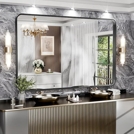 Hasipu Black Bathroom Mirror 59x39 Inch Rounded Rectangle Vanity Mirror Metal Framed Wall Mirrors Anti-Rust Surface Mount (Horizontal/Vertical)