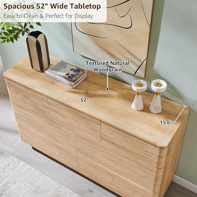 Modern 7 Drawer Dresser for Bedroom, 52" Wide Handleless Chest of Drawers, Large Push-to-Open Wood Storage w/Curved Profile, Dresser TV Stand for Bedroom, Living Room, Hallway, Natural Oak