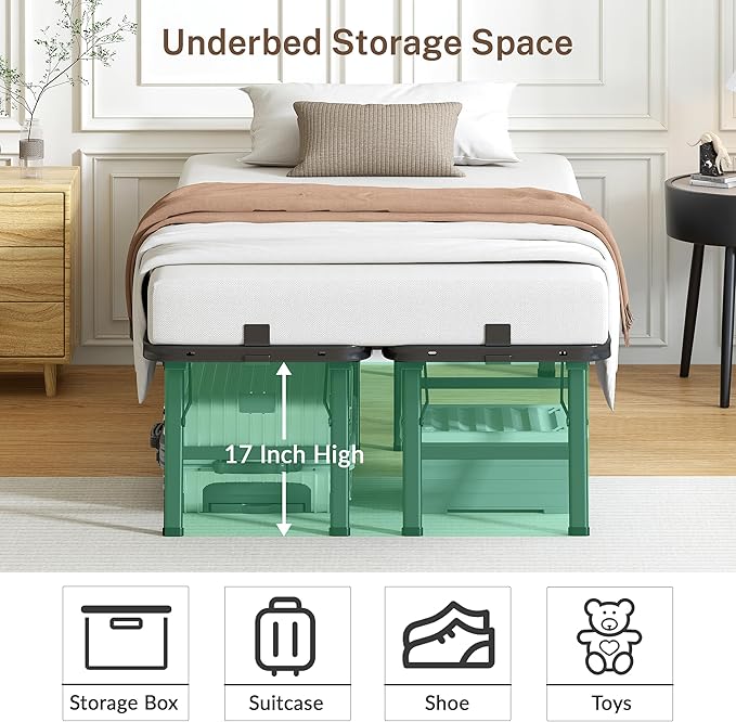 18 Inch Twin Metal Bed Frame Folding Bed Frame Tool-Free Assembly Mattress Foundation No Box Spring Needed Platform 2500lbs Heavy Duty Steel Slats, Noise-Free, Easy Assembly, Black