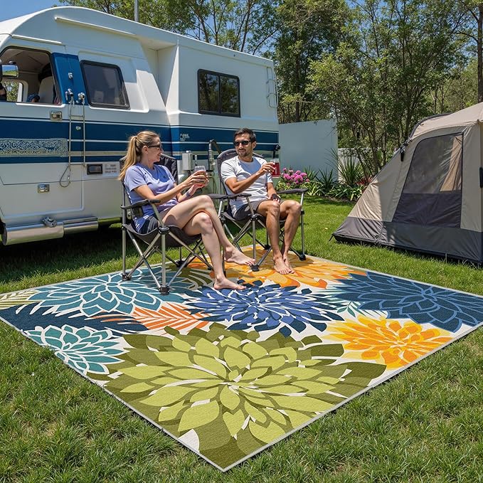 Indoor Outdoor Area Rug Washable Multicolored Patio Rug Tropical Botanical Modern Floral Indoor Outdoor Carpet Non Slip Yellow Green Rug Non Shedding for Patio, Deck, Backyard, Porch (8x10)