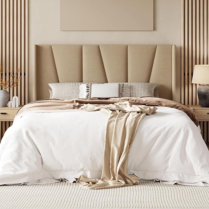 Allewie Queen Size Platform Bed Frame with Geometric Wingback Headboard, Modern Upholstered Bed with Wooden Slats Support, No Box Spring Needed, Easy Assembly, Beige