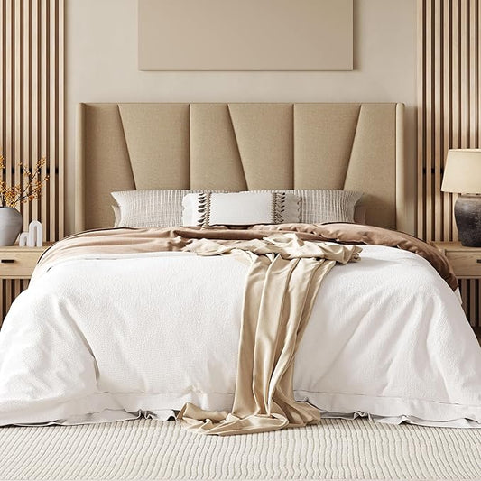 Allewie Full Size Platform Bed Frame with Geometric Wingback Headboard, Modern Upholstered Bed with Wooden Slats Support, No Box Spring Needed, Easy Assembly, Beige