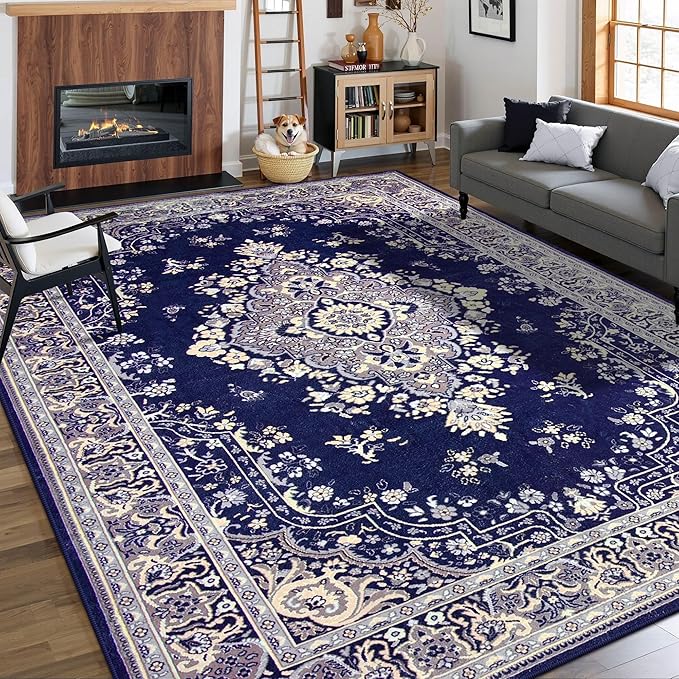 8x10 Area Rug for Living Room, Modern Washable Rug Non Slip Low Pile Large Area Rugs for Living Room, Bedroom, Farmhouse, Dining Room, Navy Blue