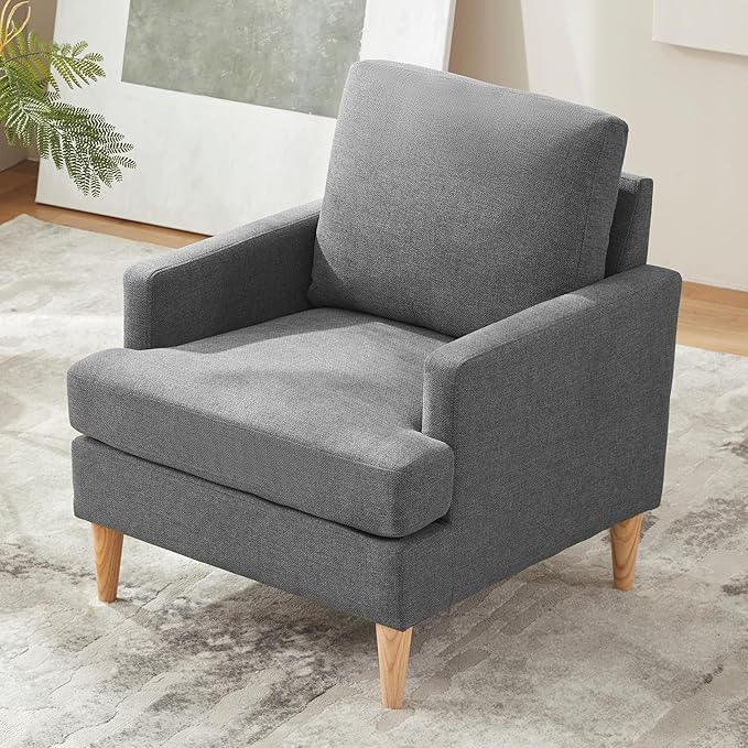 VKNOW Mid-Century Accent Chair, Modern Upholstered Chenille Armchair for Living Room,Comfy Reading Accent Chairs with Wood Legs for Bedroom, Dark Grey Polyester
