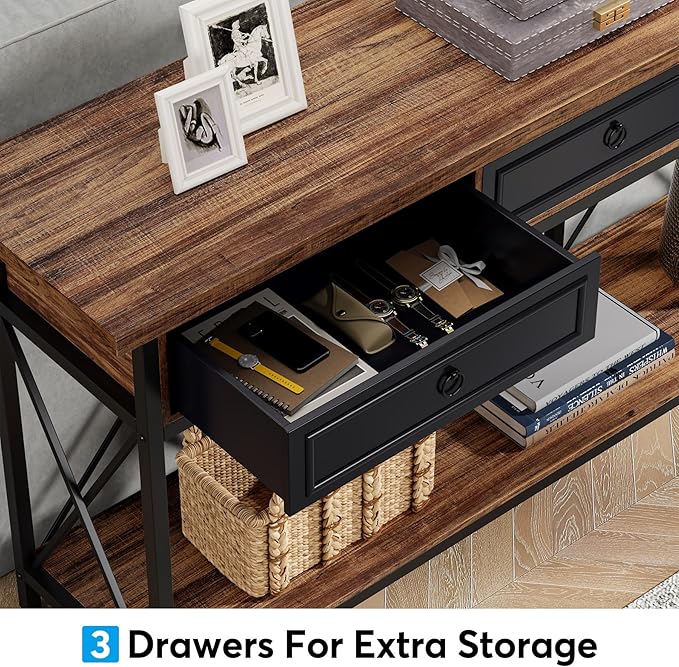 Tribesigns 70.8" Console Table with 3 Drawers, Farmhouse Entryway Table with Storage Shelf, Narrow Long Sofa Foyer Table for Entryway, Hallway (Brown/Black)