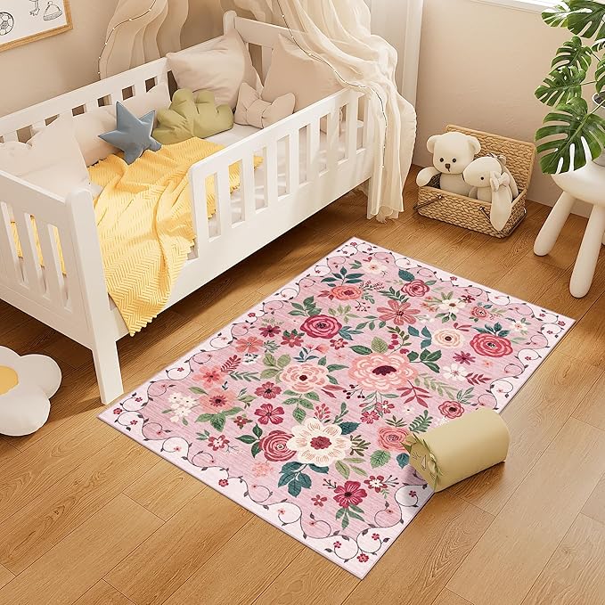 DUKINO 3x4 Area Rug, Lightweight Non Slip Washable Floral Rug, Indoor Low Pile & Non-Shedding Boho Design Carpets for Bedroom, Kitchen, Dining Room, Pink