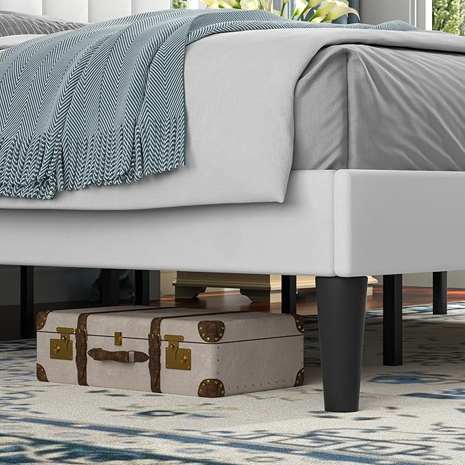 VECELO King Size Bed Frame with Upholstered Headboard, Velvet Platform Bedframe Mattress Foundation, Strong Wood Slat Support, No Box Spring Needed,White