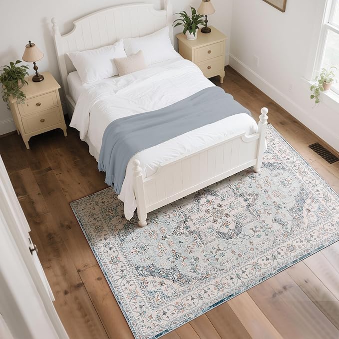 Living Room Rug 6x9 Rug, Machine Washable Area Rug Non Slip Low Pile Vintage Rug for Living Room, Bedroom, Farmhouse, Dining Room, Kids Playroom, Blue