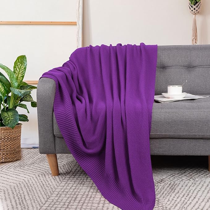 PiccoCasa 100% Cotton Knit Throw Blanket,Solid Lightweight Decorative Throws and Blankets,Soft Knitted Throw Blanket for Sofa Couch, Purple, 50" x 60"