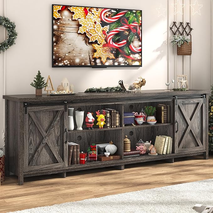 Farmhouse TV Stand for 90 Inch TV with Sliding Barn Door, Rustic Wood Entertainment Center Large Media Console Cabinet Long Television Stands,Console Table and Media Furniture for Living Room(Grey)