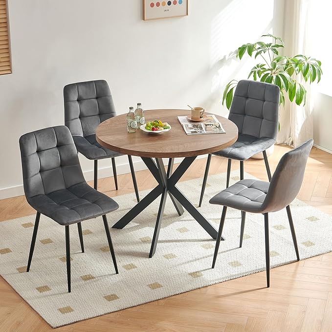 5-Piece Round Dining Table Set - Kitchen Table Chairs Set of 4 with Grey Velvet Upholstered Chairs -Dining Table Set for 4