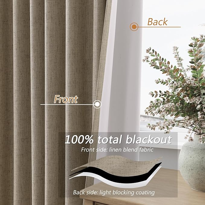 Guken Burlap Blackout Curtains 108 Inch Length 2 Panels Set for Living Room Bedroom Back Tab Thermal Insulated 100% Black Out Linen Drapes Room Darkening Window Curtains 108 Inches Long Burlap