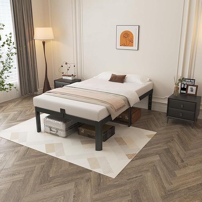 14 Inch Twin Bed Frames, Black Bed Frame Twin Size with Metal Baffles, No Box Spring Needed, Heavy Duty Steel Platform Supprt, Rounded Corner Design, Reserved Holes, Storage Space, Noise Free