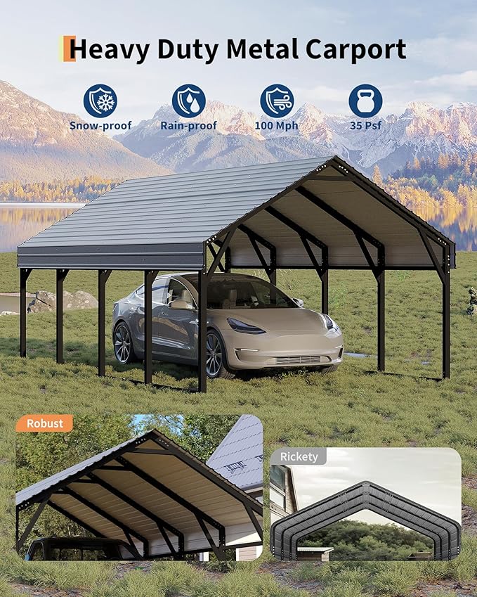 12x20 FT Metal Carport, Reinforced Frame and Steel Roof for All-Weather Use, Permanent Shelter for Bass Boats, Full-Sized Pickup Trucks, and Tractors