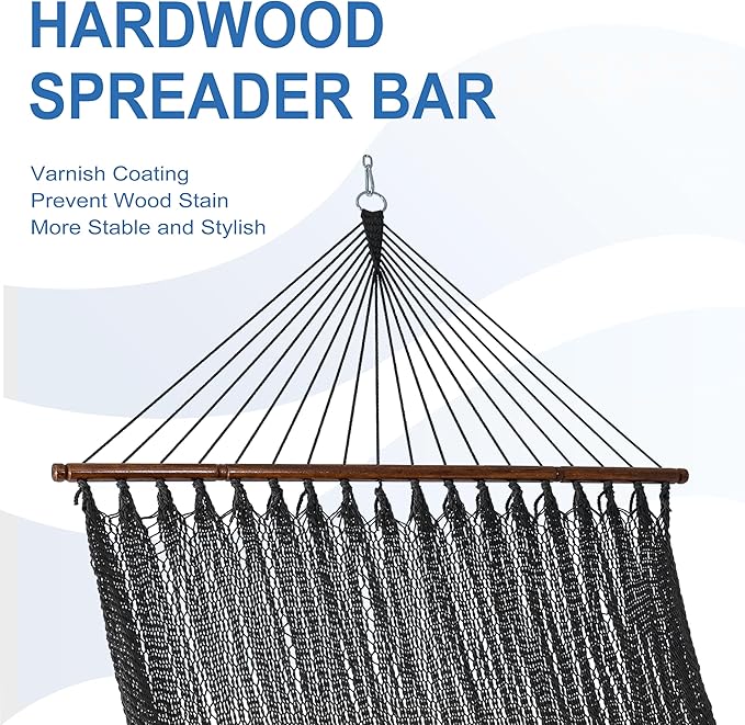 Lazy Daze Hammocks 10.5 FT Double 2 Person Caribbean Rope Hammock, Hand Woven Polyester Hammock with Spreader Bars, for Outside Outdoor Backyard Patio Poolside,450 LBS Capacity, Gray