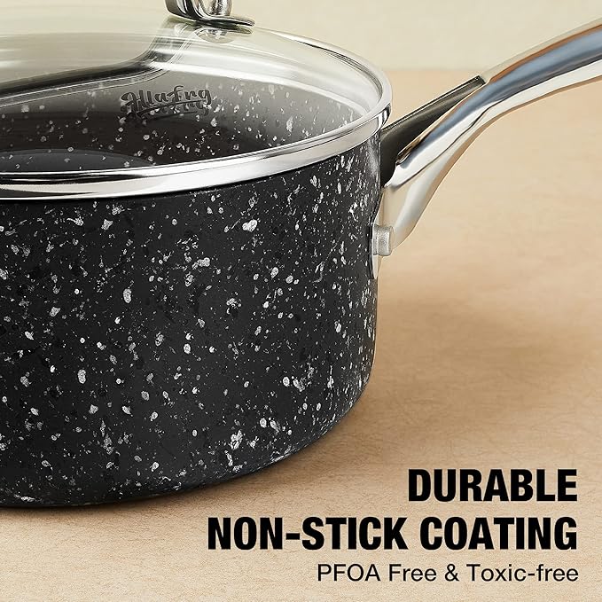 Nonstick Premium 3-Piece Saucepan Set with Glass Lids, Natural Durable Granite Coating, Nonstick, Durable & Oven Safe to 450°F, 1&2&3QT, Black