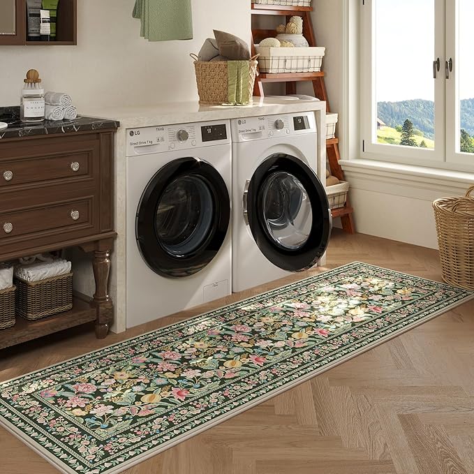 Runner Rug for Kitchen Rug Non Slip 2'x6' Washable Rugs with Rubber Backing Soft Vintage Floral Carpet Runner for Kitchen, Laundry, Bedroom, Bathroom, Green