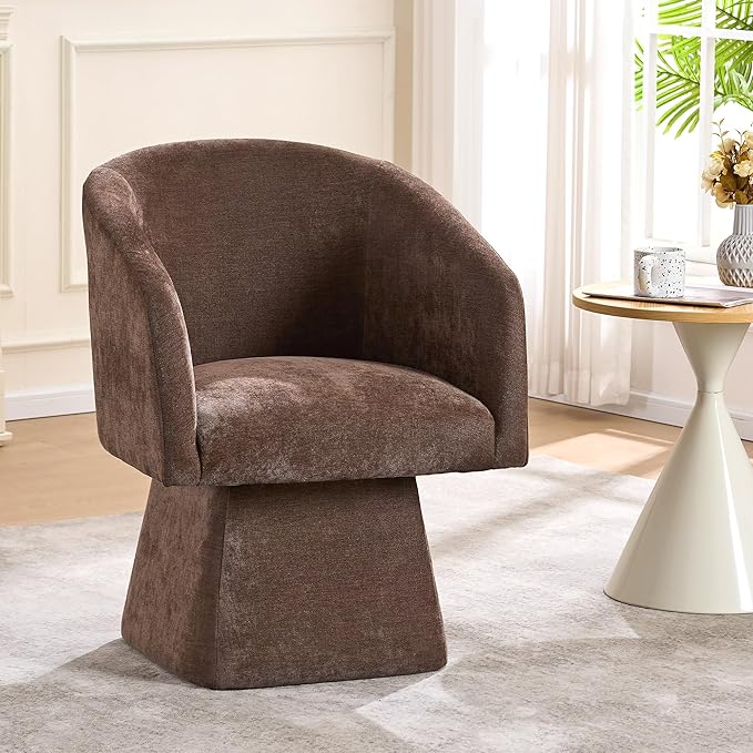Swivel Modern Accent Chair,Luxury Fabric Upholstered Makeup Chair Comfy Barrel Chair with No Wheels,360°Rotating Vanity Armchair for Living Room Bedroom Office(Brown)