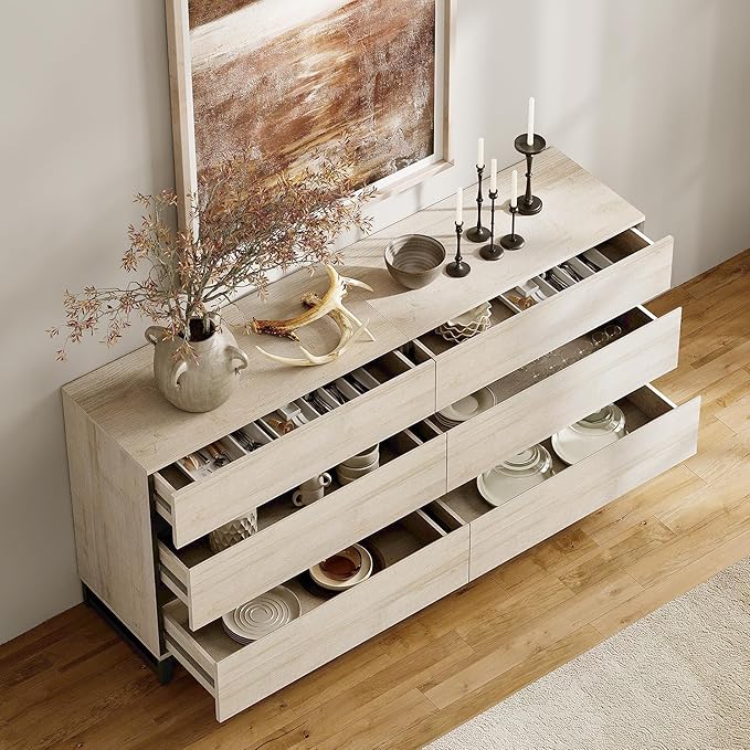 WAMPAT Modern TV Stand for TVs up to 120 inch, Entertainment Center TV Console with 12 Drawers and Metal Base, Media Console for Living Room, Bedroom, Light Oak