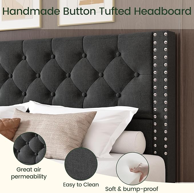 Full Size Bed Frame Upholstered Platform Bed with 4 Storage Drawers and Tufted Headboard Linen Bed Frame with Heavy Duty Wood Slats, No Box Spring Needed, Easy Assembly, Dark Grey