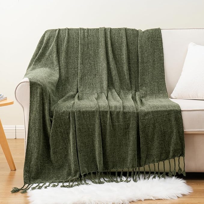 BATTILO HOME Olive Green Throw Blanket for Couch Bed Sofa, Soft Cozy Chenille Throw Blanket with Fringe Tassels, Lightweight Knit Throw Blanket for Home Decor, 50"x60"