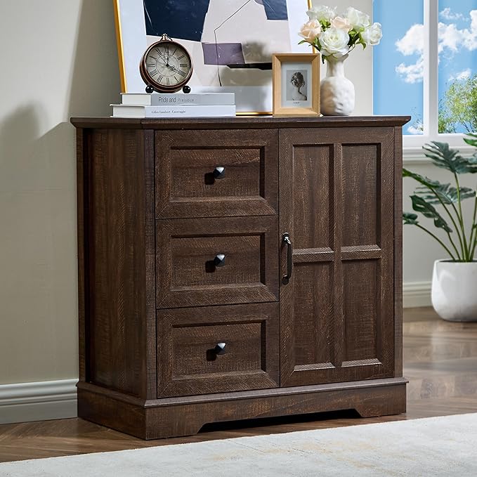 3+1 Dresser for Bedroom, Cherry Dressers Storage with Wooden Drawers and Cross Door, TV Stand Chest of Drawers for Bedroom, Living Room