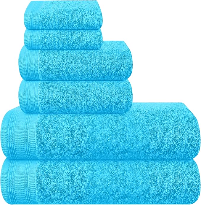 Ultra Soft 6 Pack Cotton Towel Set, Contains 2 Bath Towels 28x55 inch, 2 Hand Towels 16x24 inch & 2 Wash Coths 12x12 inch, Ideal Everyday use, Compact & Lightweight - Turquoise Blue