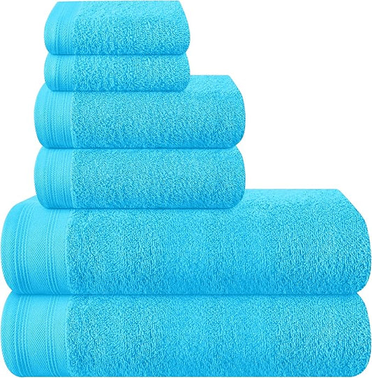 Ultra Soft 6 Pack Cotton Towel Set, Contains 2 Bath Towels 28x55 inch, 2 Hand Towels 16x24 inch & 2 Wash Coths 12x12 inch, Ideal Everyday use, Compact & Lightweight - Turquoise Blue