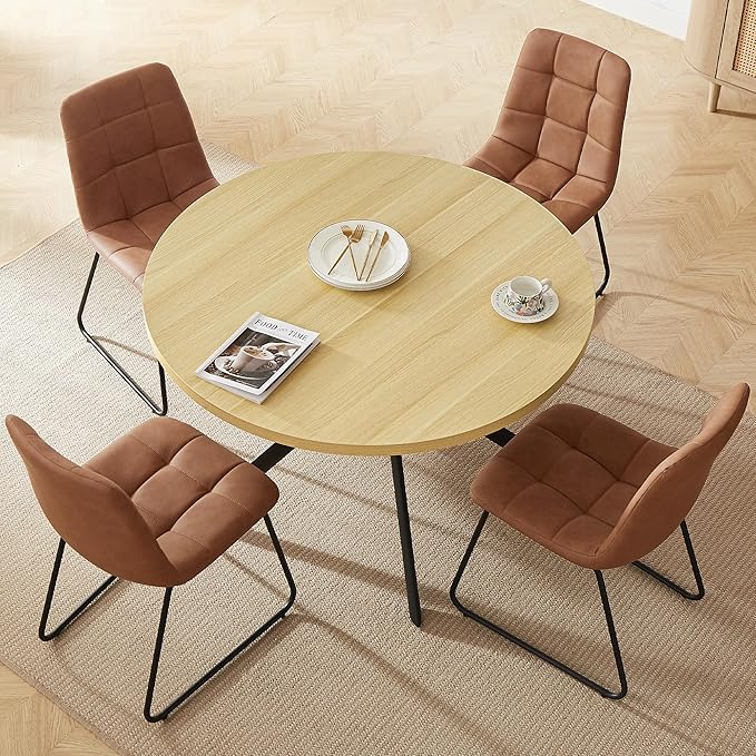 45.3 Inch Round Dining Table Set for 4, Mid Century Modern Small Kitchen Coffee Set for Dining Room Kitchen Apartment (Cream Table + 4 U-Shaped Brown Chairs)