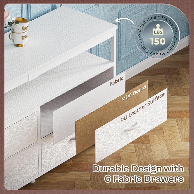 Huuger 63 Inch TV Stand for 55, 65, 70 Inch TV, Long Dresser TV Stand for Bedroom, White LED TV Stand with Power Outlets, Fabric Drawer Dresser with Storage, Entertainment Center for Living Room