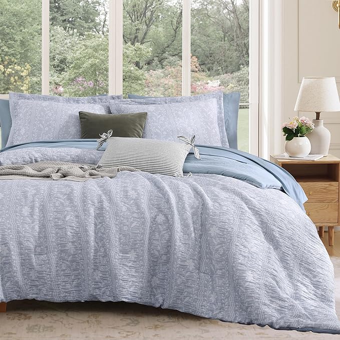 King Comforter Set -7 Pieces Blue Floral Comforter Set for All Seasons, Bed in a Bag King with Botanical Flowers Comforter, Sheets, Pillowcases & Shams