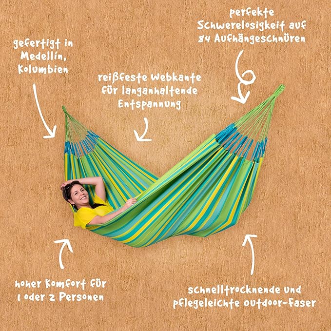 LA SIESTA Brisa Classic Hammock, Handmade, Weather-Resistant, Tear-Resistant Hammock for Indoor & Outdoor Relaxation, Size-King - Lime
