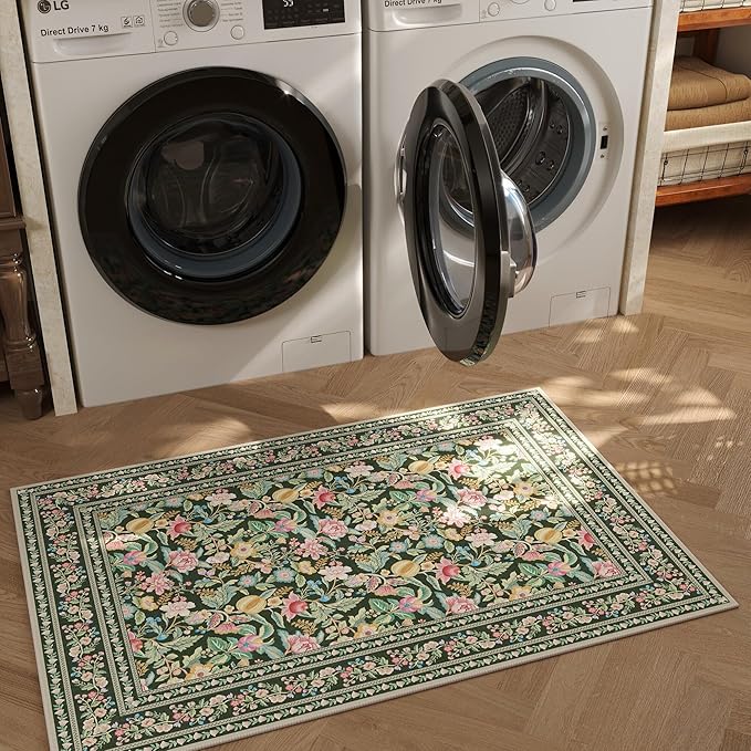 Door Mat Indoor Entrance 2x3 Rug Machine Washable Vintage Floral Small Area Rug Non-Slip Low Pile Throw Rugs for Entryway, Kitchen, Front Door Indoor Entrance, Entry, Kids Room, Green