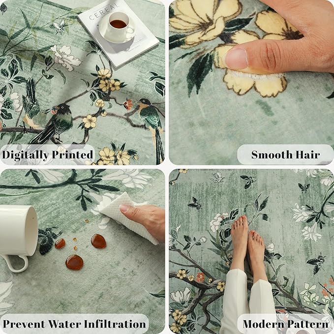 Circle Rug 4ft Chinoiserie-Style Floral Vintage Washable Round Rug Non Slip Low Pile Small Circular Rug for Bedroom, Bathroom, Entryway, Kids Room, Office, Green