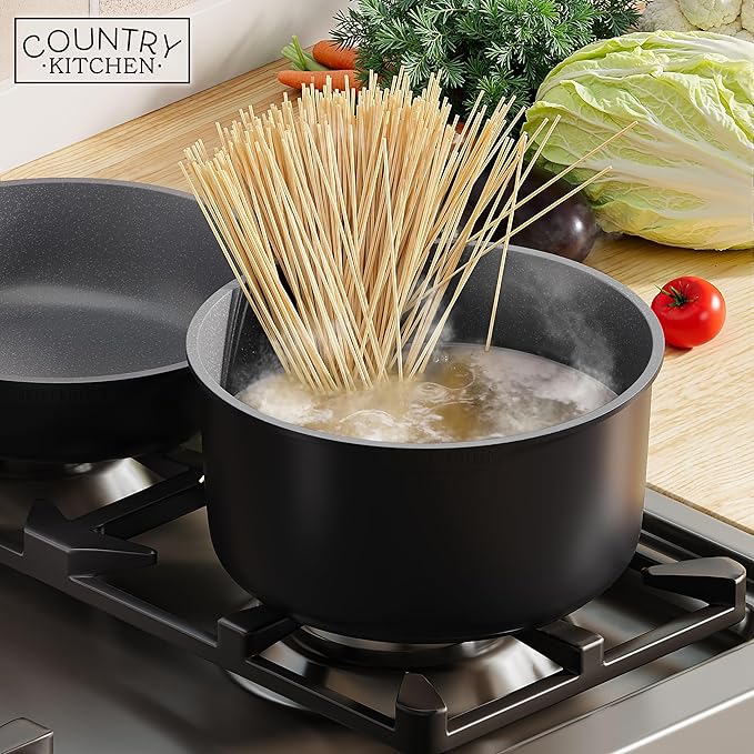 Country Kitchen Cookware Set with Removable Handle, Oven & RV Safe Pots and Pans Set, Black/Grey Wood Handle, Original