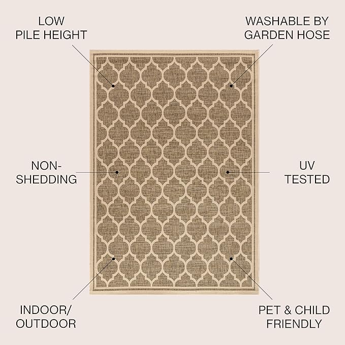 Eyely BMS109A-6R Santa Monica Trebol Moroccan Trellis Textured Weave, Pet Friendly, Non-Shedding, Stain Resistant, Easy-Cleaning, Brown/Beige, 6' Round, Indoor/Outdoor, Area Rug