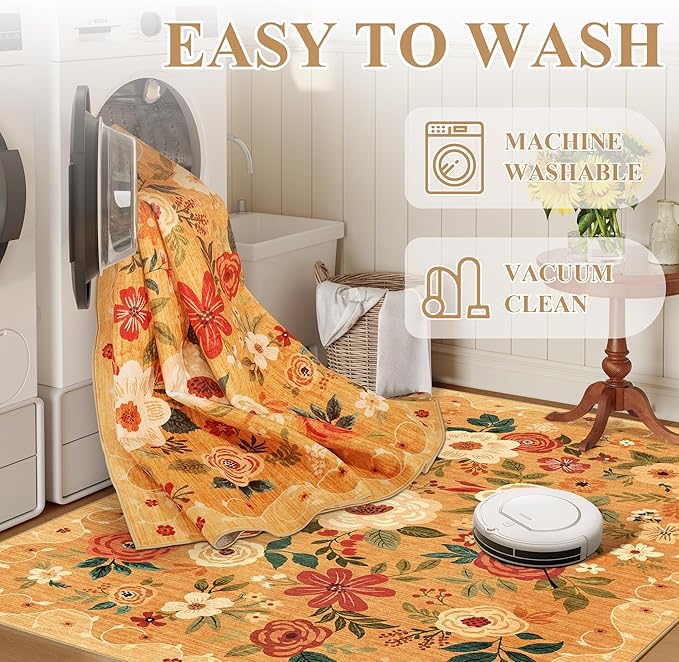 DUKINO 2x4 Rug for Entryway, Washable Kitchen Floral Runner Rug with Non Slip Backing, Low Pile Soft Boho Carpet for Kitchen, Hallway, Entryway, Laundry, Bedroom, Orange