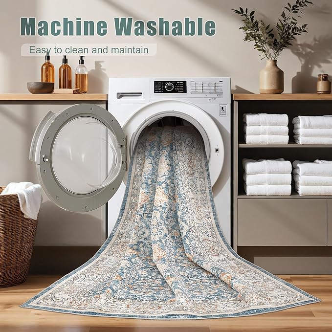 Area Rugs for Living Room: 8x10 Washable Rug Vintage Boho Floral Print - Ultra Thin Stain Resistant Large Soft Non Slip Foldable Carpets for Bedroom Dining Room Office Nursery - Blue