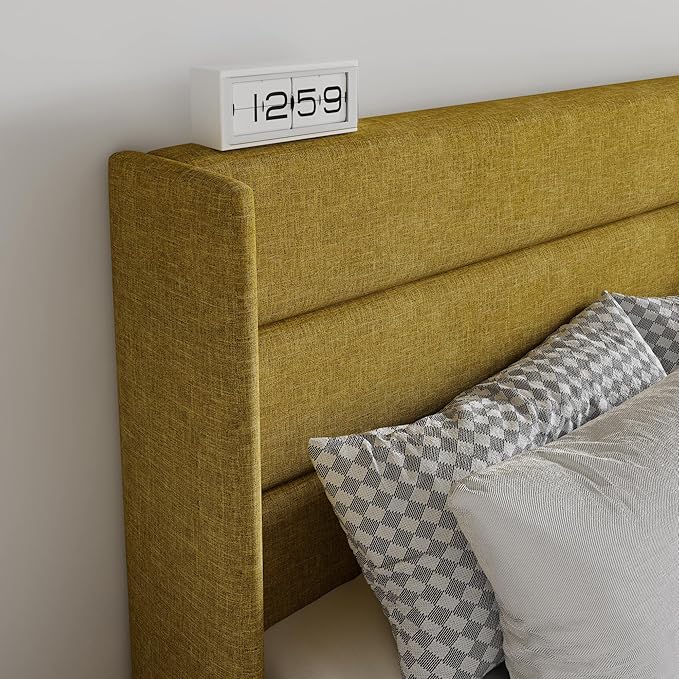 SHA CERLIN Full Size Lift Up Storage Bed/Modern Wingback Headboard/Upholstered Platform Bed Frame/Hydraulic Storage/No Box Spring Needed/Wood Slats Support/Olive Yellow